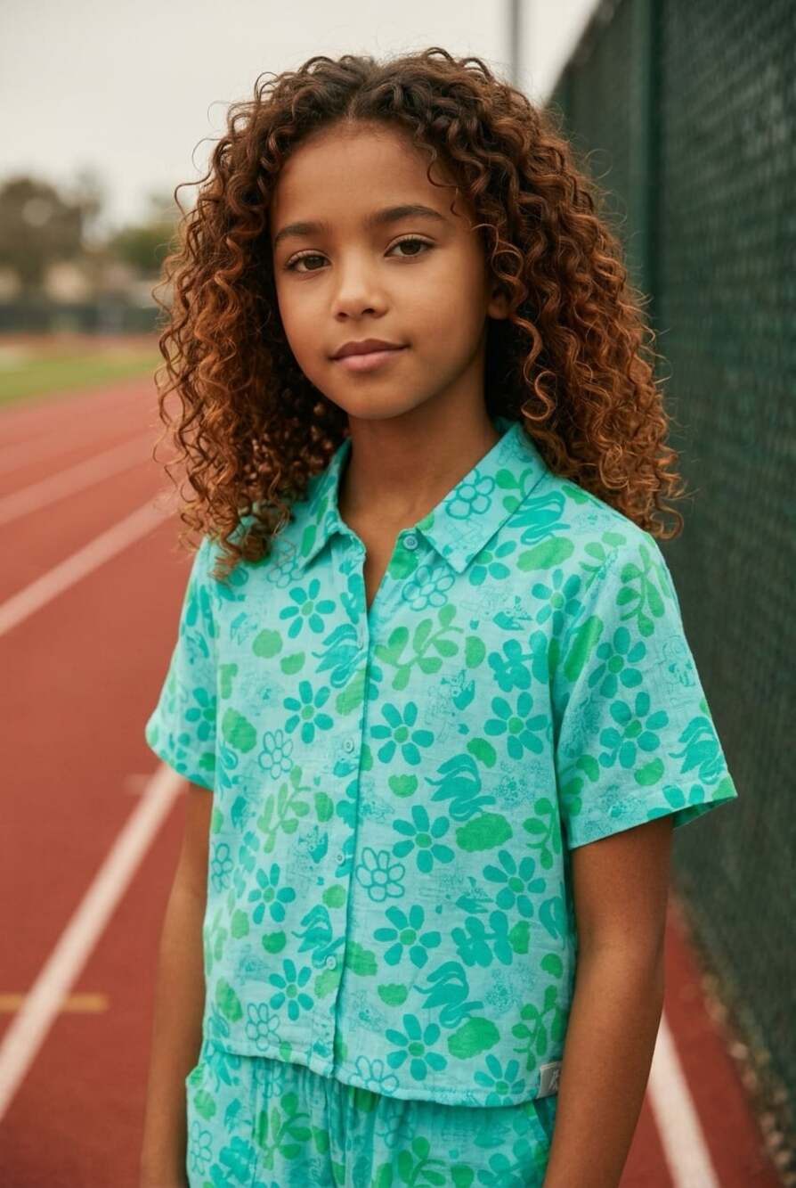 Bluey Floral Print Girls Short Sleeve Button-Down Gauze Shirt Teal/Green NWT